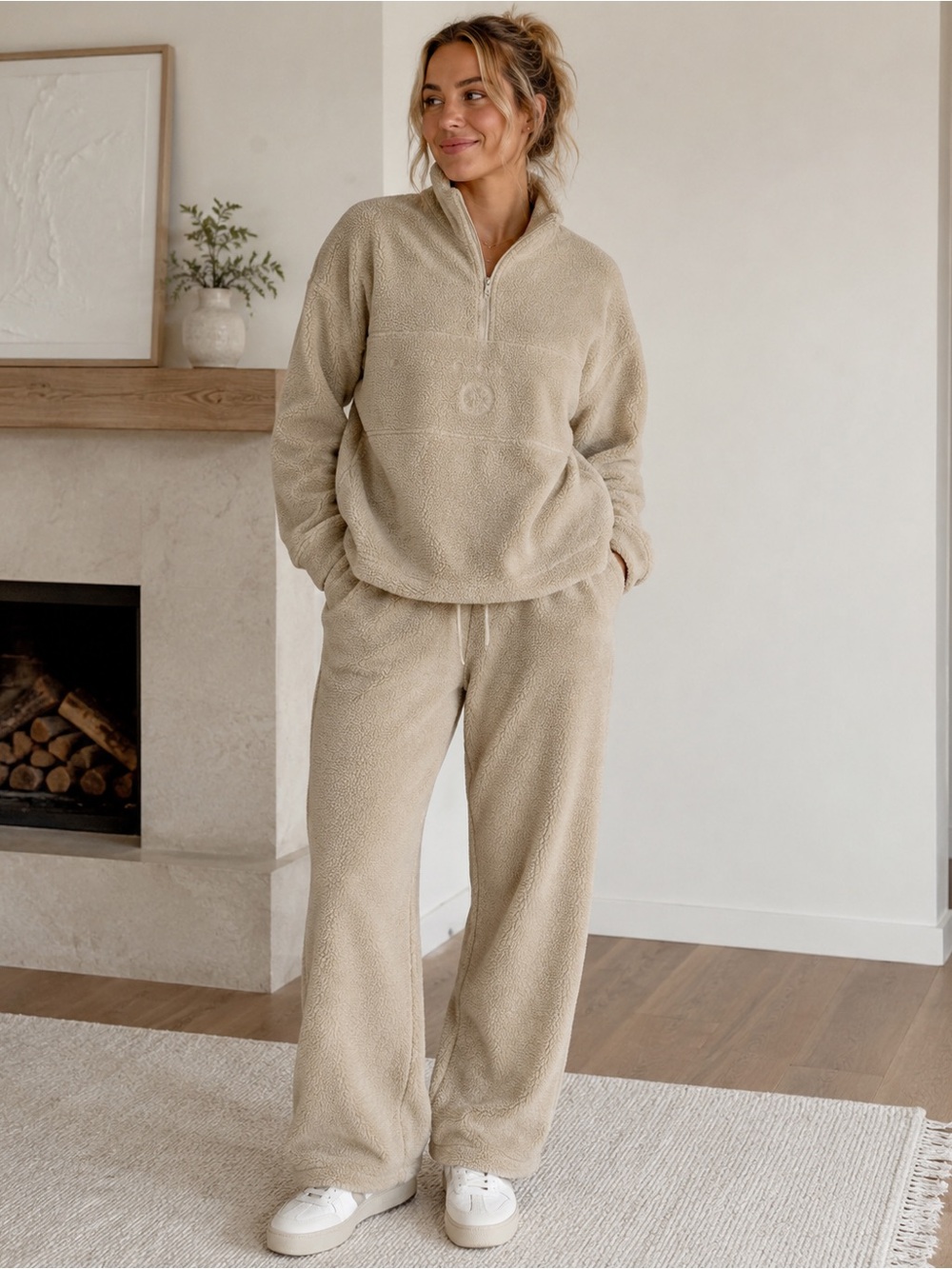 Plush Half-Zip Sherpa Lounge Set - Cream